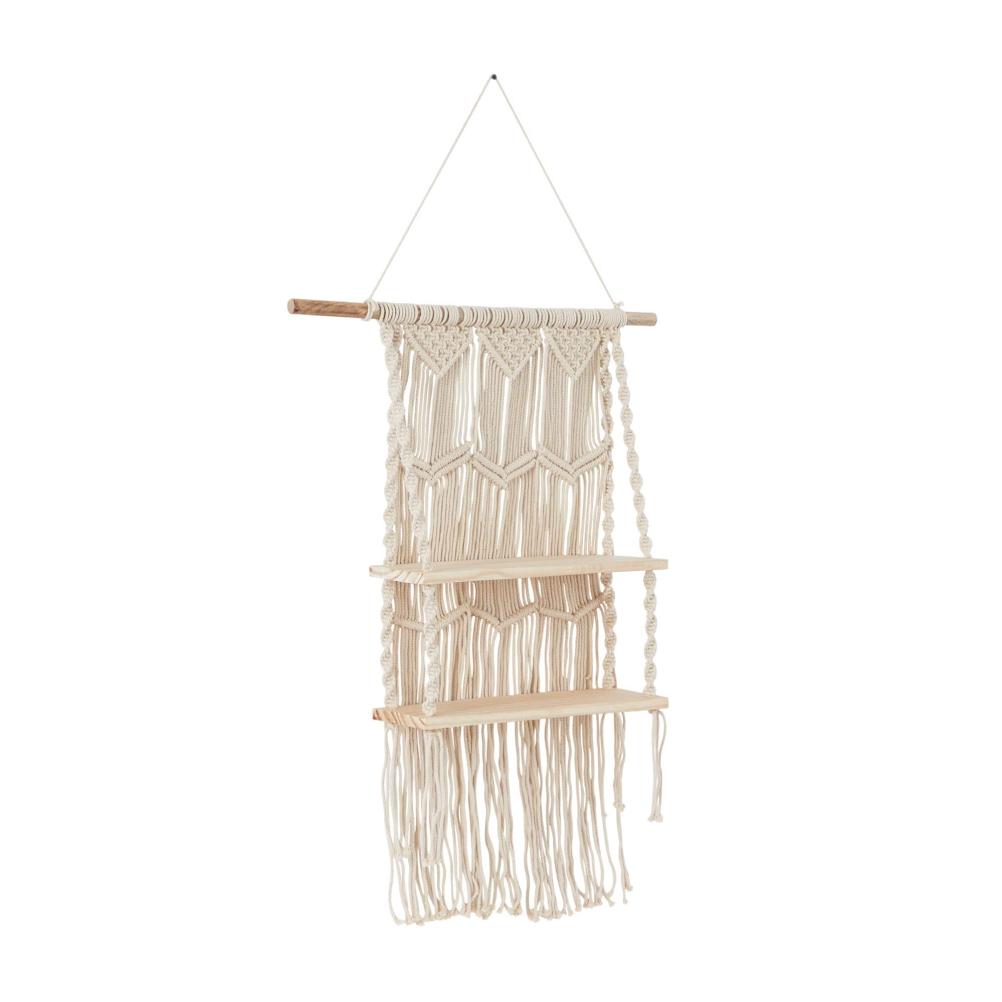 White Cotton Handmade 2 Shelves Macrame Wall Shelf 25" x 6" x 49"